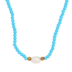 Κολιέ με Σμαραγδένιο Υλικό, Γαλάζιες Χάντρες & Μαργαριτάρι Γλυκού Νερού